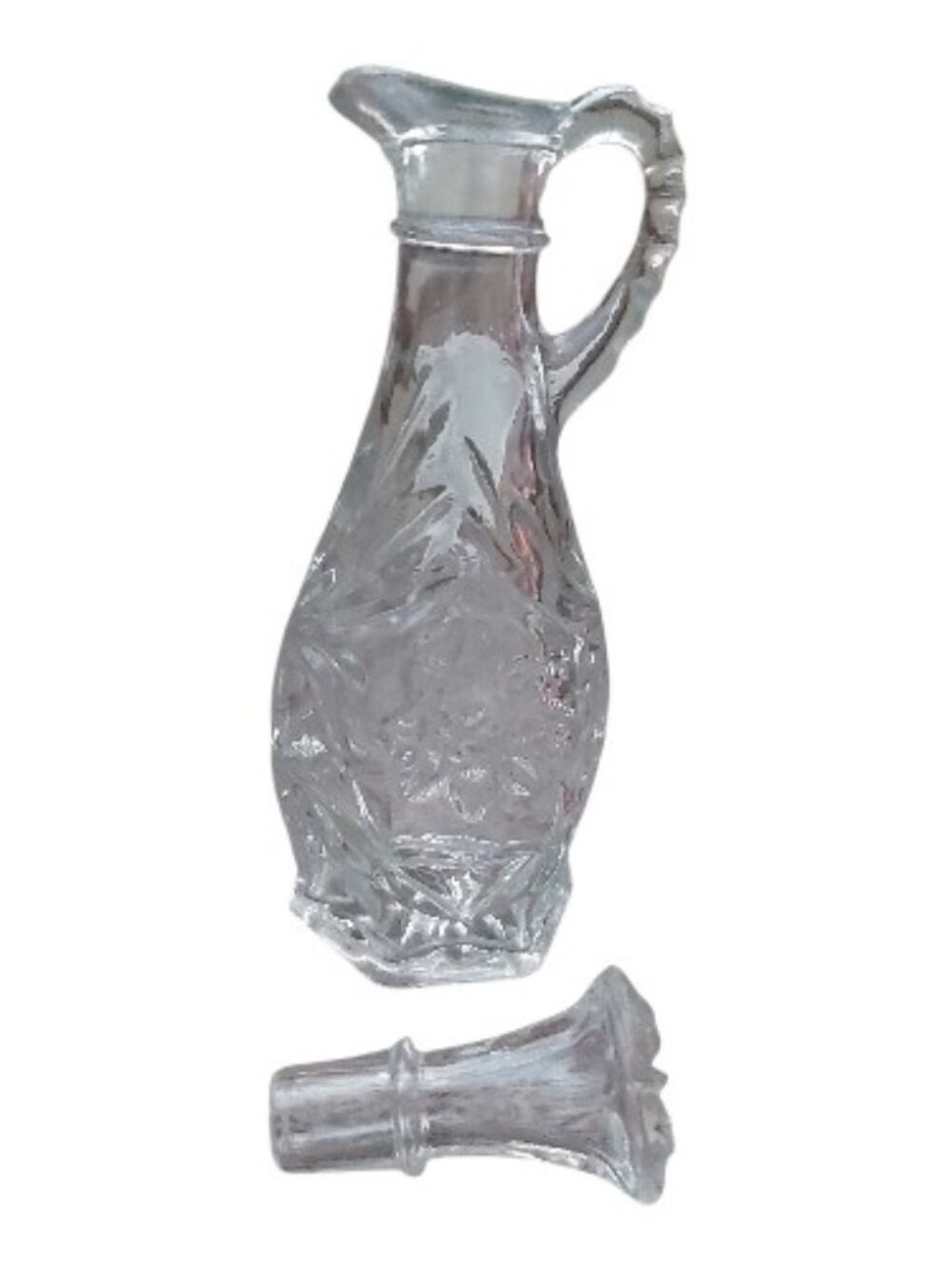 Vintage Clear Cut Glass Decanter with Handle & Floral Cut Pattern - 8" Tall